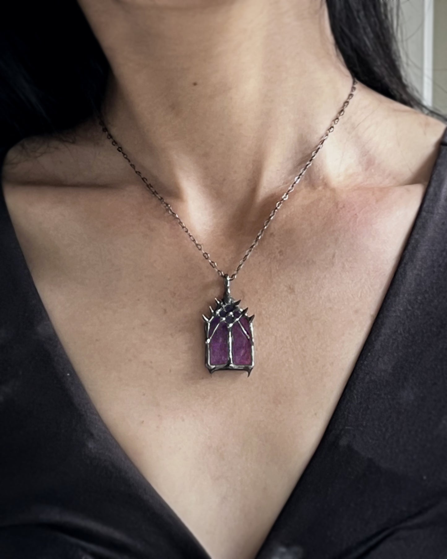 gothic necklace medieval cathedral window pendant church window gothic cathedral jewelry Christian grunge window stained glass necklace macabre necklace coffin nail