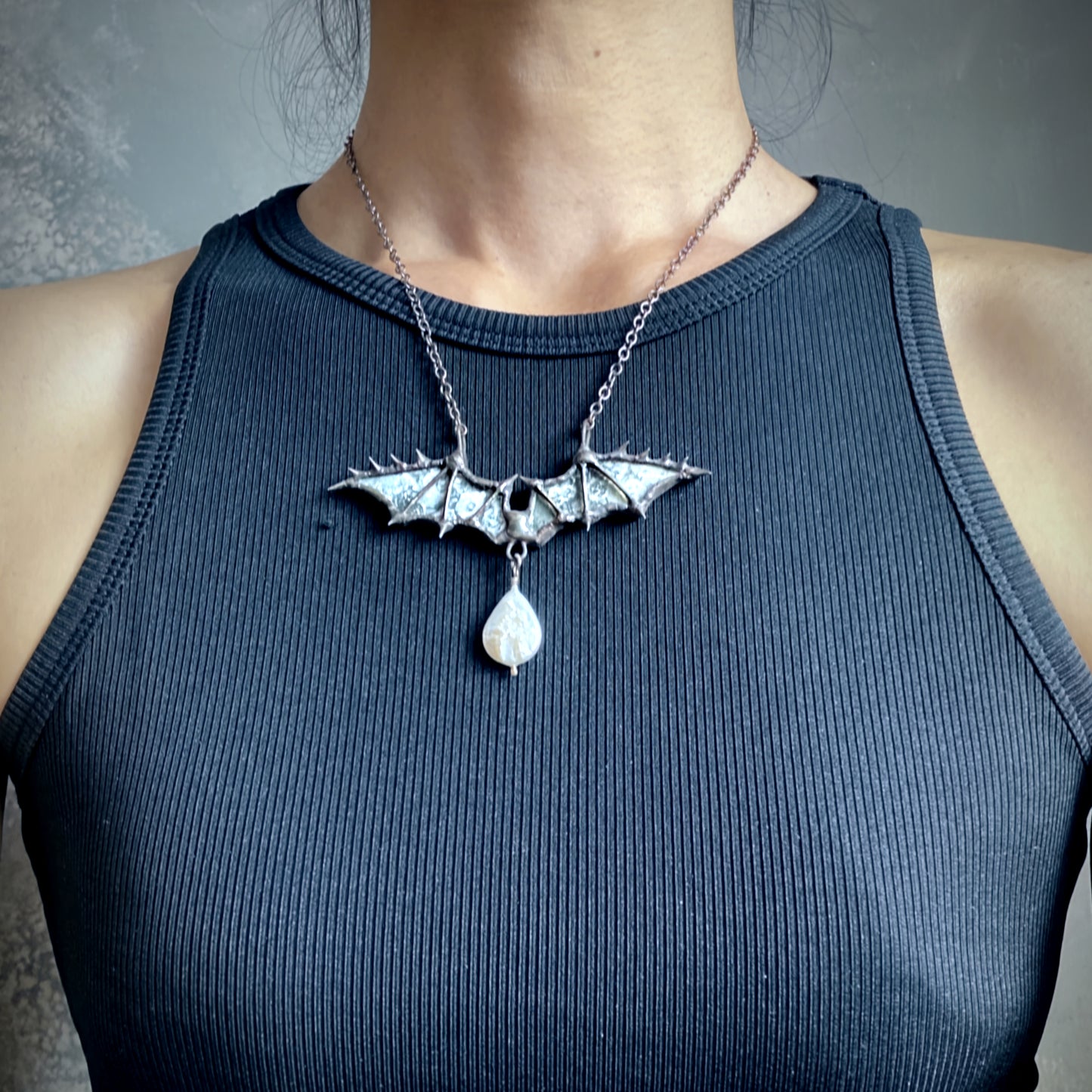 Halloween bat necklace romantic gothic bat necklace spiky bat jewelry spooky jewelry halloween pearl bat necklace medieval gothic pearl