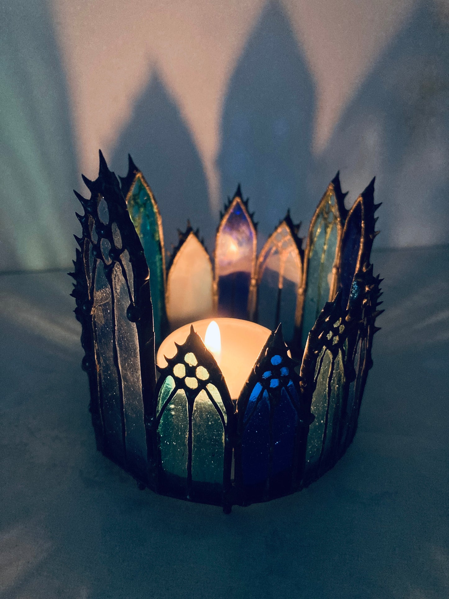 celtic candle holder tea light holder stained glass medieval cathedral window gothic cathedral Christian coffin nail stained glass goth lamp