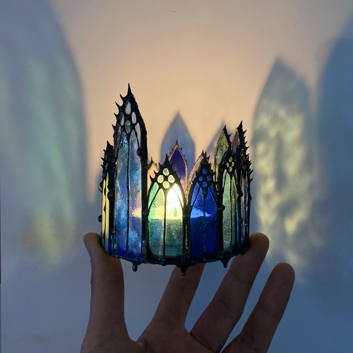 celtic candle holder tea light holder stained glass medieval cathedral window gothic cathedral Christian coffin nail stained glass goth lamp