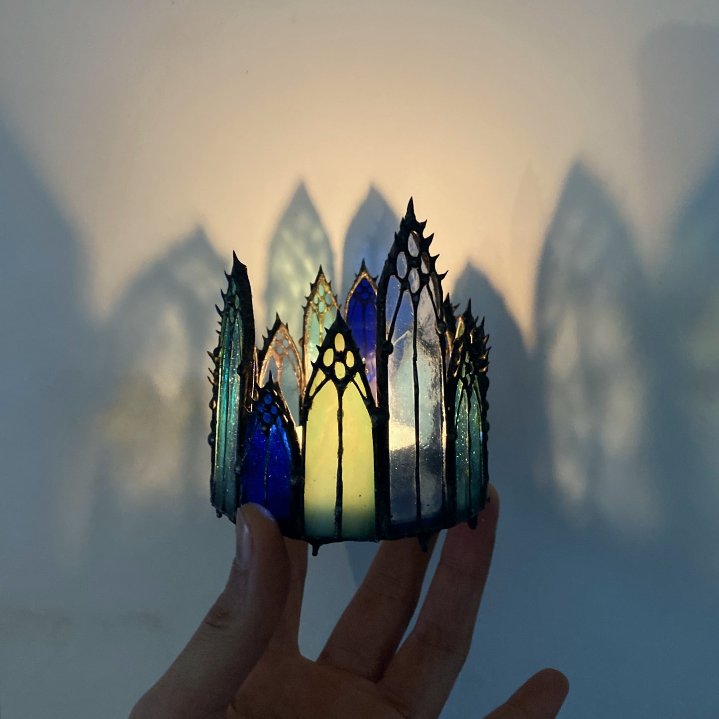 celtic candle holder tea light holder stained glass medieval cathedral window gothic cathedral Christian coffin nail stained glass goth lamp