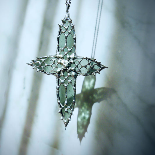 medieval cathedral window pendant gothic cross gothic cathedral jewelry spiky necklace Christian spooky  stained glass suncatcher gothic crusader cross knight core coffin nail